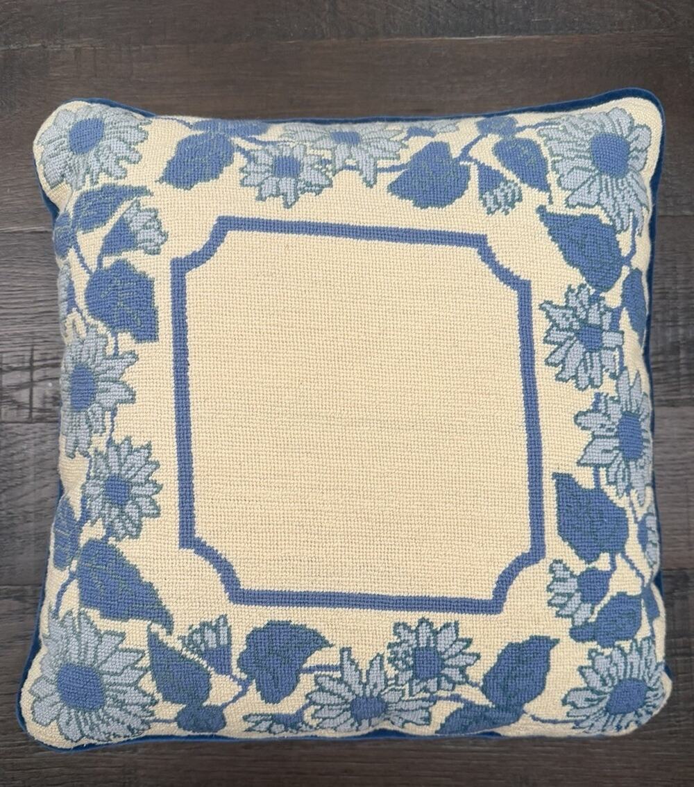 Vintage Blue Floral Needlepoint Throw Pillow 14x14 Velvet Back Cottage Decor